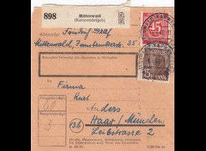 Paketkarte 1948: Mittenwald nach Haar bei München
