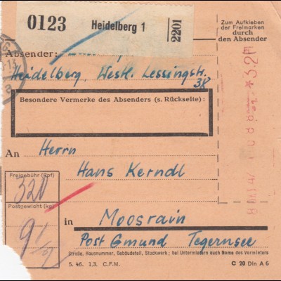 Paketkarte 1947: Heidelberg nach Moosrain, Post Gmund