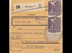 Wert-Paketkarte 1947: Erlangen nach Gmund, Dienststellenstempel III. Reich