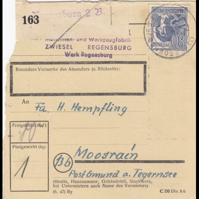 Paketkarte 1948: Regensburg, Werkzeugfabrik nach Moosrain