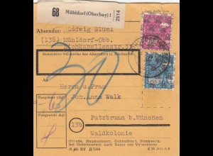 BiZone Paketkarte 1948: Mühldorf nach Putzbrunn, Waldkolonie, Nachgebühr