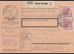 Paketkarte 1948: Wrestedt Uelzen nach Eglfing, Heilanstalt