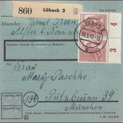 Paketkarte 1948: Lübeck nach Putzbrunn, besonderes Formular
