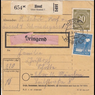 Paketkarte 1948: Hoof nach Haar, Dringend