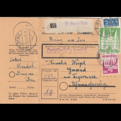 BiZone Paketkarte 1948: Ering nach Gmund, mit Doppel-Notpaketkarte, Notopfer