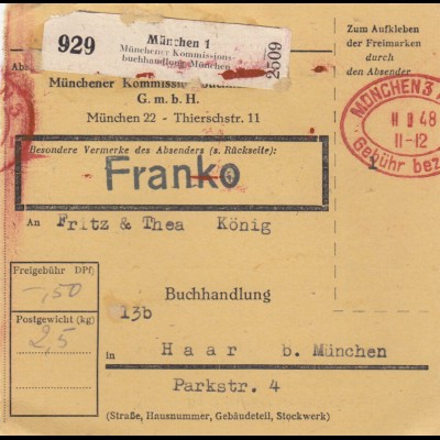 BiZone Paketkarte 1948: München nach Haar, Franko, Gebühr bezahlt Stempel