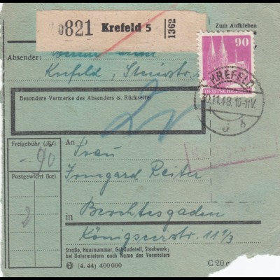 BiZone Paketkarte 1948: Krefeld nach Berchtesgaden, Nachgebühr, besonderes Form.