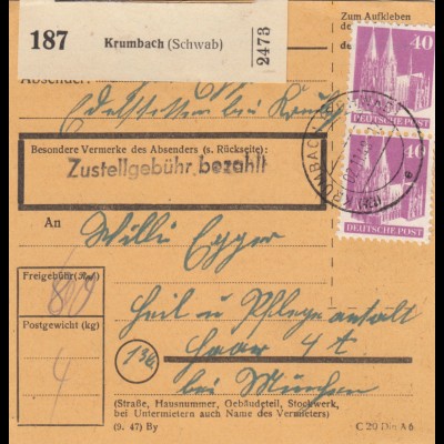 BiZone Paketkarte 1948: Krumbach nach Heil- und Pflegeanstalt Haar