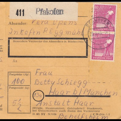 Paketkarte 1948: Pfakofen Inkofen nach Haar, Anstalt