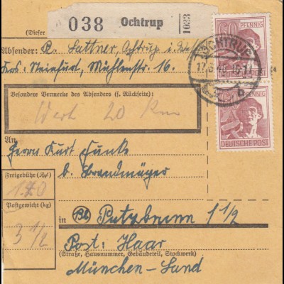 Paketkarte 1948: Ochtrup nach Putzbrunn, Wertkarte