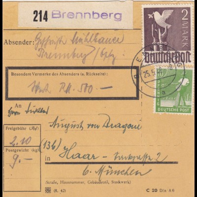 Paketkarte 1948: Brennberg nach Haar, Wertkarte