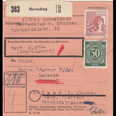 Paketkarte 1948: Herrsching nach Haar, Kath. Pfarramt, Wertkarte