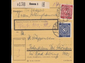 Paketkarte 1947: Essen 1 nach Hohenthann, Wertkarte