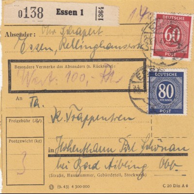 Paketkarte 1947: Essen 1 nach Hohenthann, Wertkarte