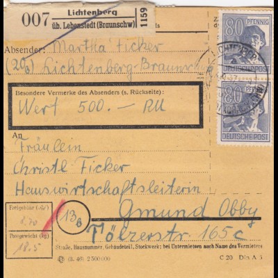 Paketkarte 1947: Lichtenberg nach Gmund, Wertkarte
