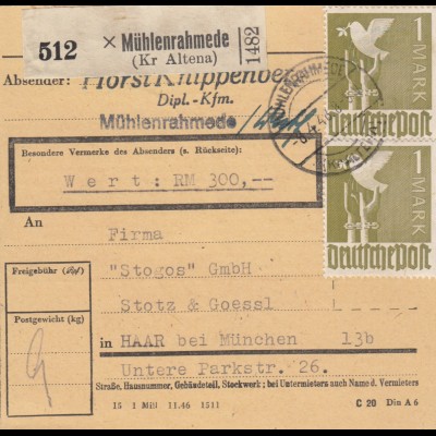 Paketkarte 1948: Mühlenrahmede nach Haar, Wertkarte, Stogos GmbH