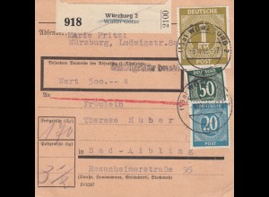 Paketkarte 1946: Würzburg nach Bad-Aibling, Selbstbucher, Wertkarte