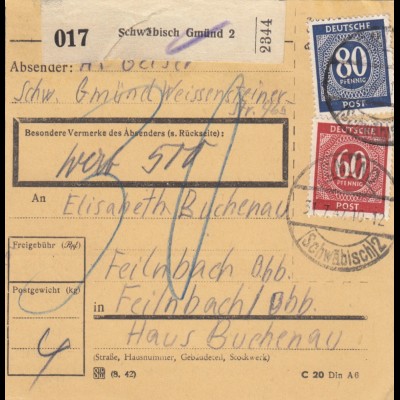 Paketkarte 1947: Schwäbisch Gmünd nach Feilnbach, Wertkarte, Nachgebühr