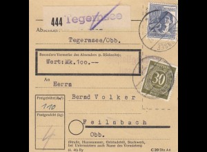 Paketkarte 1947: Tegernsee nach Feilnbach, Wertkarte
