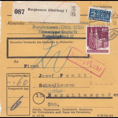 BiZone Paketkarte 1948: Burghausen nach Berchtesgaden, Nachgebühr, Notopfer
