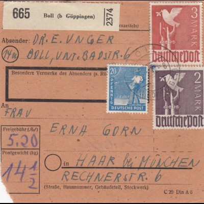 Paketkarte 1948: Boll bei Göppingen nach Haar
