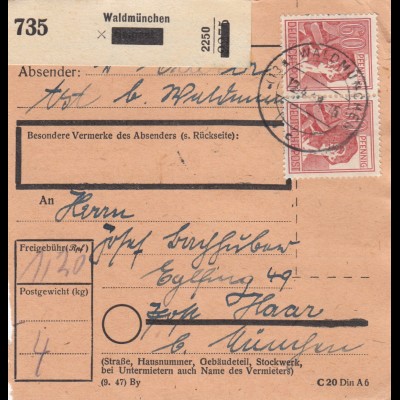 Paketkarte 1948: Waldmünchen nach Haar