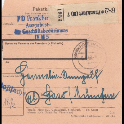 BiZone Paketkarte 1948: Geschäftsbedürfnisse Frankfurt nach Haar