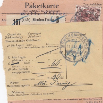 Paketkarte 1948 München Passing n. Brettbrunn, Wertkarte, Nachnahme, Rücksendung