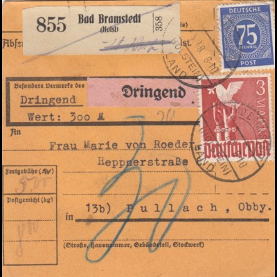 Paketkarte 1948: Bad Bramstedt n. Pullach, Nachgebühr, Dring., Wertkarte