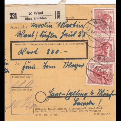 Paketkarte 1948: Waal über Buchloe, Wertkarte