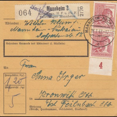 Paketkarte 1947: Mannheim nach Kronwitt, Post Feilnbach, Selbstbucher