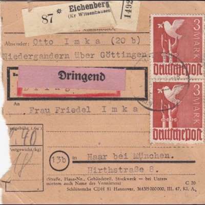 Paketkarte 1948: Niedergandern über Göttingen nach Haar, Dringend