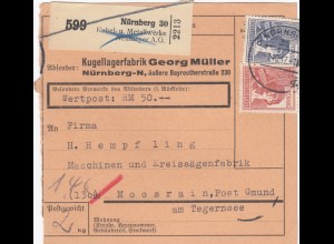 Paketkarte 1947: Nürnberg nach Moosrain, Selbstbucher, Wertkarte