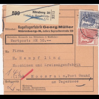 Paketkarte 1947: Nürnberg nach Moosrain, Selbstbucher, Wertkarte