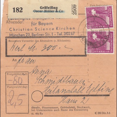 Paketkarte 1947: Gräfeling nach Heilanstalt Eglfing, Wertkarte