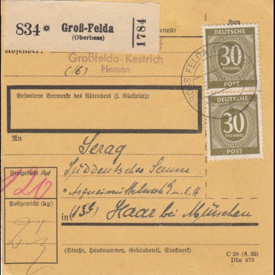 Paketkarte 1948: Großfelda Kestrich nach Haar