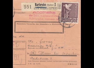 Paketkarte 1947: Apotheke Karlsruhe nach Haar, Selbstbucher