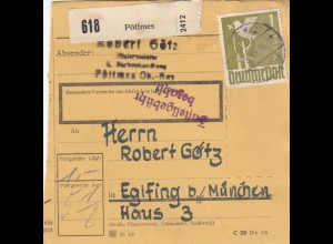 Paketkarte 1948: Pöttmes nach Eglfing bei München