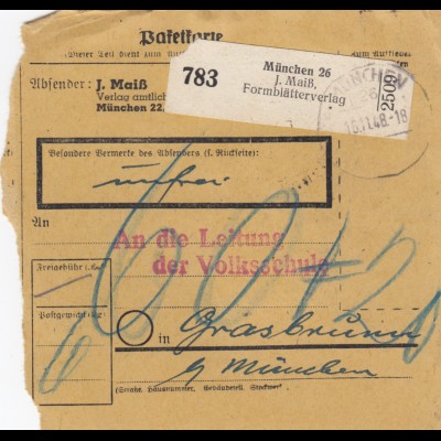 BiZone Paketkarte 1948: München nach Grasbrunn, Selbstbucher, Nachgebühr
