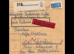 BiZone Paketkarte 1948: Reichelsdorf nach München durch Eilboten, Notopfer