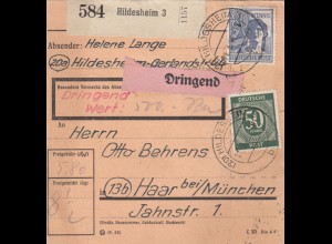 Paketkarte 1948: Hildesheim nach Haar, Dringend, Wertkarte