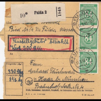 Paketkarte 1948: Ried Fulda 2 nach Haar, Wertkarte