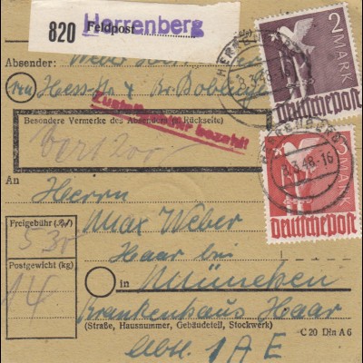 Paketkarte 1948: Herrenberg nach Haar, Wertkarte
