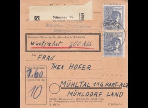 Paketkarte 1948: München-Großhadern nach Mühltal, Wertkarte