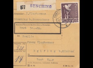 Paketkarte 1948: Sünching nach Eglfing, Wertkarte