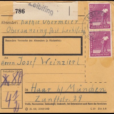 Paketkarte 1947: Obersunzing Leiblfing nach Haar
