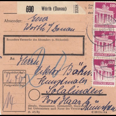 BiZone Paketkarte 1948: Wörth Donau nach Solalinden München, Nachgebühr