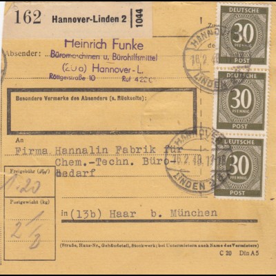Paketkarte 1948: Hannover-Linden nach Chem.-Techn. Büro in Haar