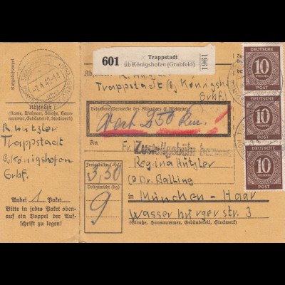 Paketkarte 1948: Trappstadt n. München, Wertkarte, mit Notpaketkarte