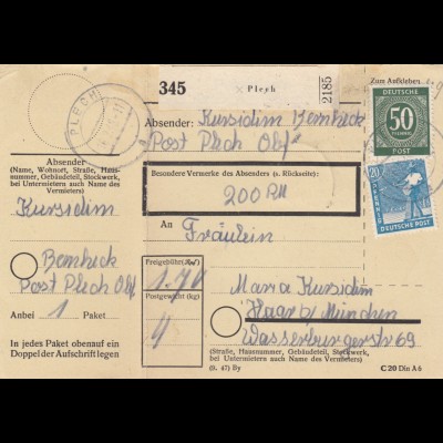 Paketkarte 1948: Plech nach Haar, Wertkarte, mit Notpaketkarte